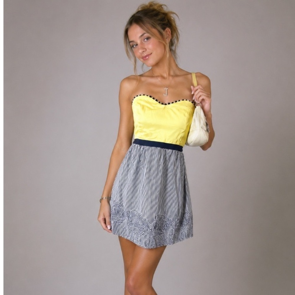 Y2k Judith march Yellow black  Striped Strapless Rosette Hem Sz L  Dress‎